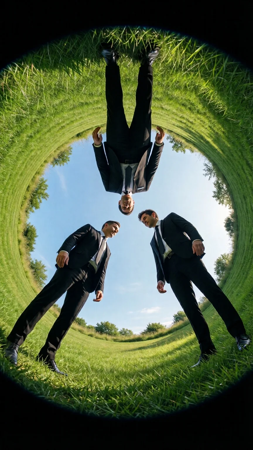 three people in black suits floating above the grassy ground, looking down at each other from different angles, seen through a circular hole in the top of a green lawn, with a blue sky and a symmetrical composition, captured with a fisheye lens in high resolution, resulting in a hyper-realistic, cinematic photographic style reminiscent of kodak film stock.