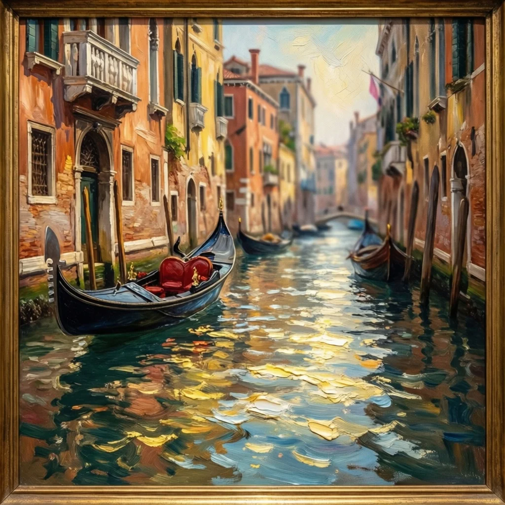 Venice canal scene in the style of John Singer Sargent, loose impressionistic brushwork capturing light dancing on water, gondolas in soft focus background, palazzo facades in warm terracotta and faded ochre. Oil painting texture, visible canvas weave, museum quality reproduction, gilt frame crop.