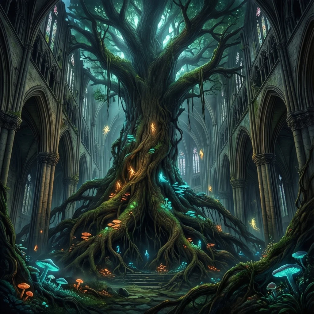 A colossal ancient tree growing through a collapsed cathedral, roots wrapped around gothic pillars, bioluminescent fungi illuminating the darkness, tiny floating spirits drifting upward like embers. Painted in the style of Craig Mullins meets Hayao Miyazaki, rich atmospheric perspective, matte painting quality, 8K resolution, epic scale.