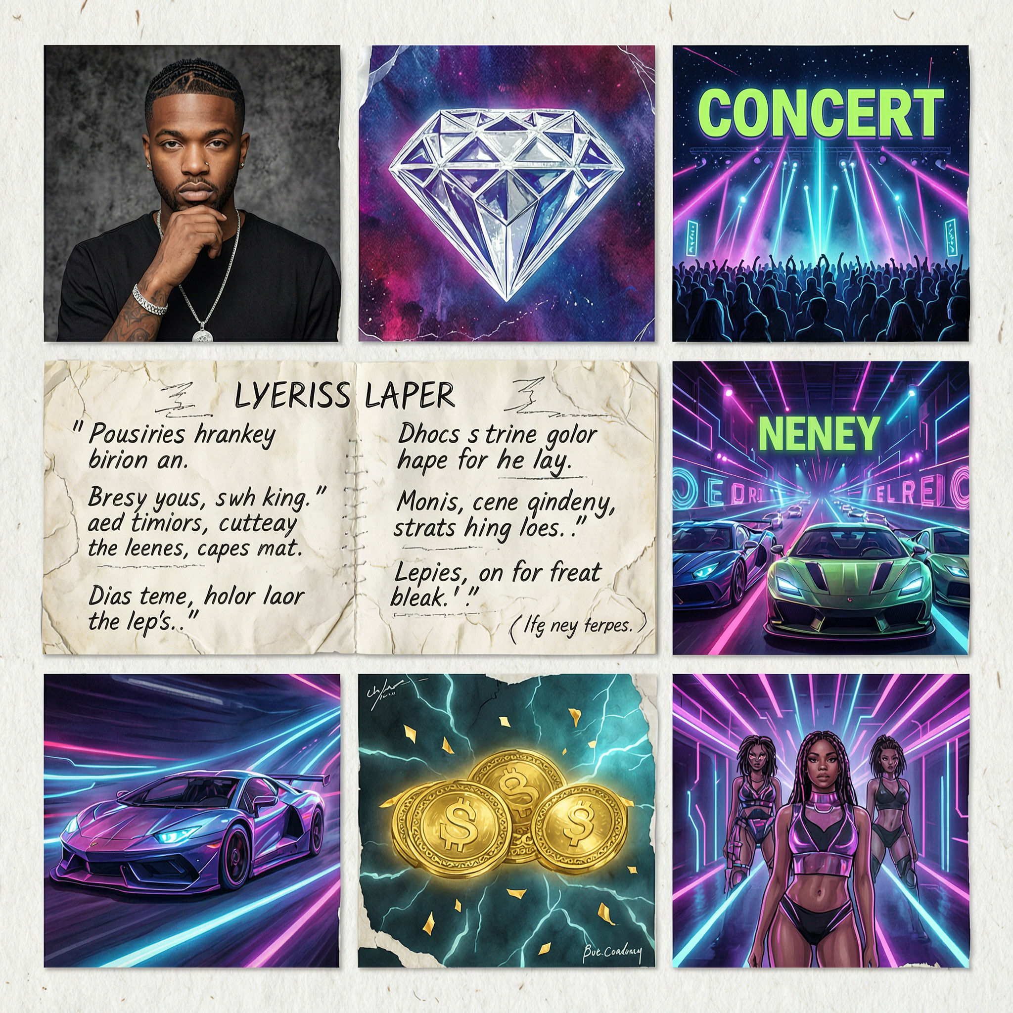 Rapper collage with neons and futuristic vibe