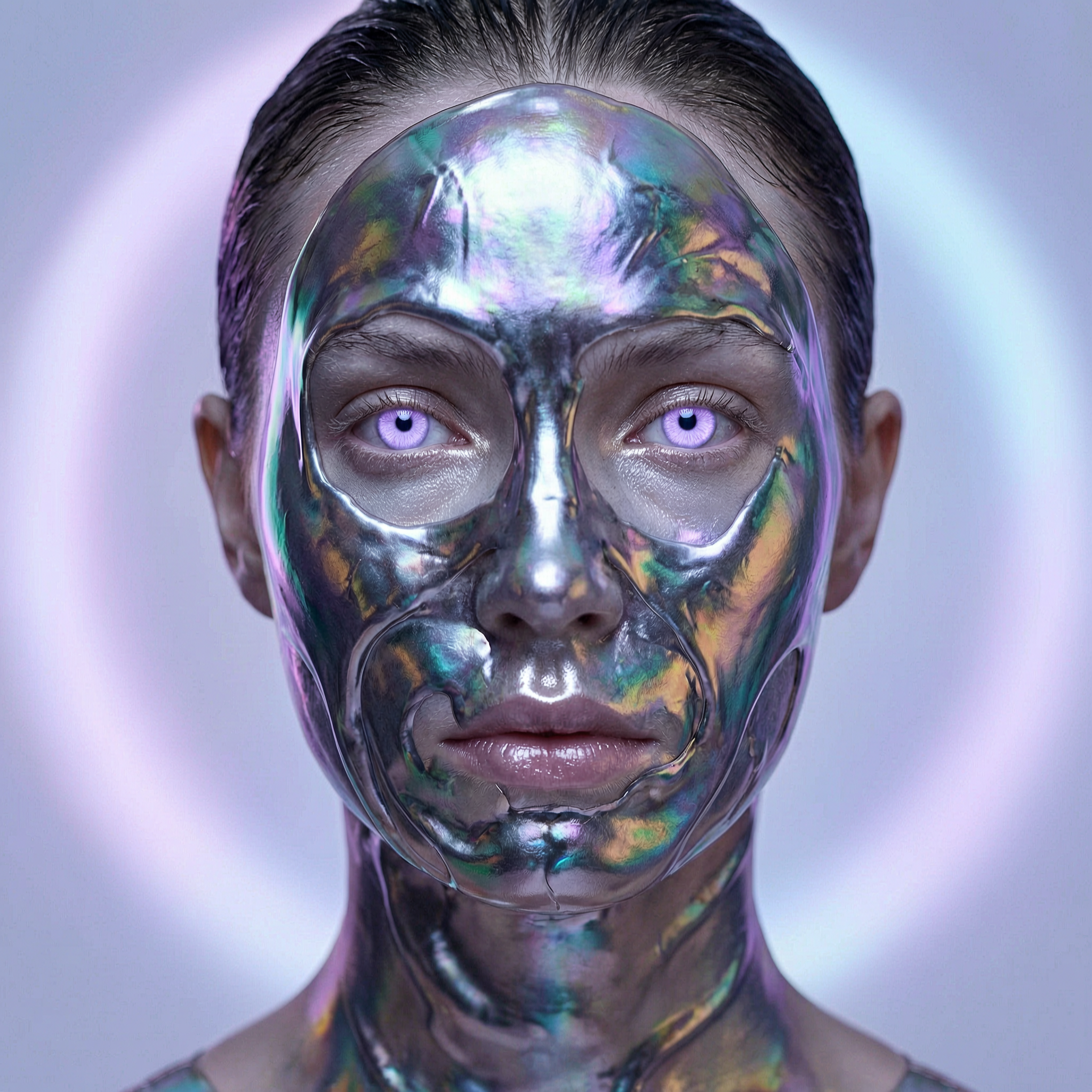 Portrait with liquid metal skin and purple eyes