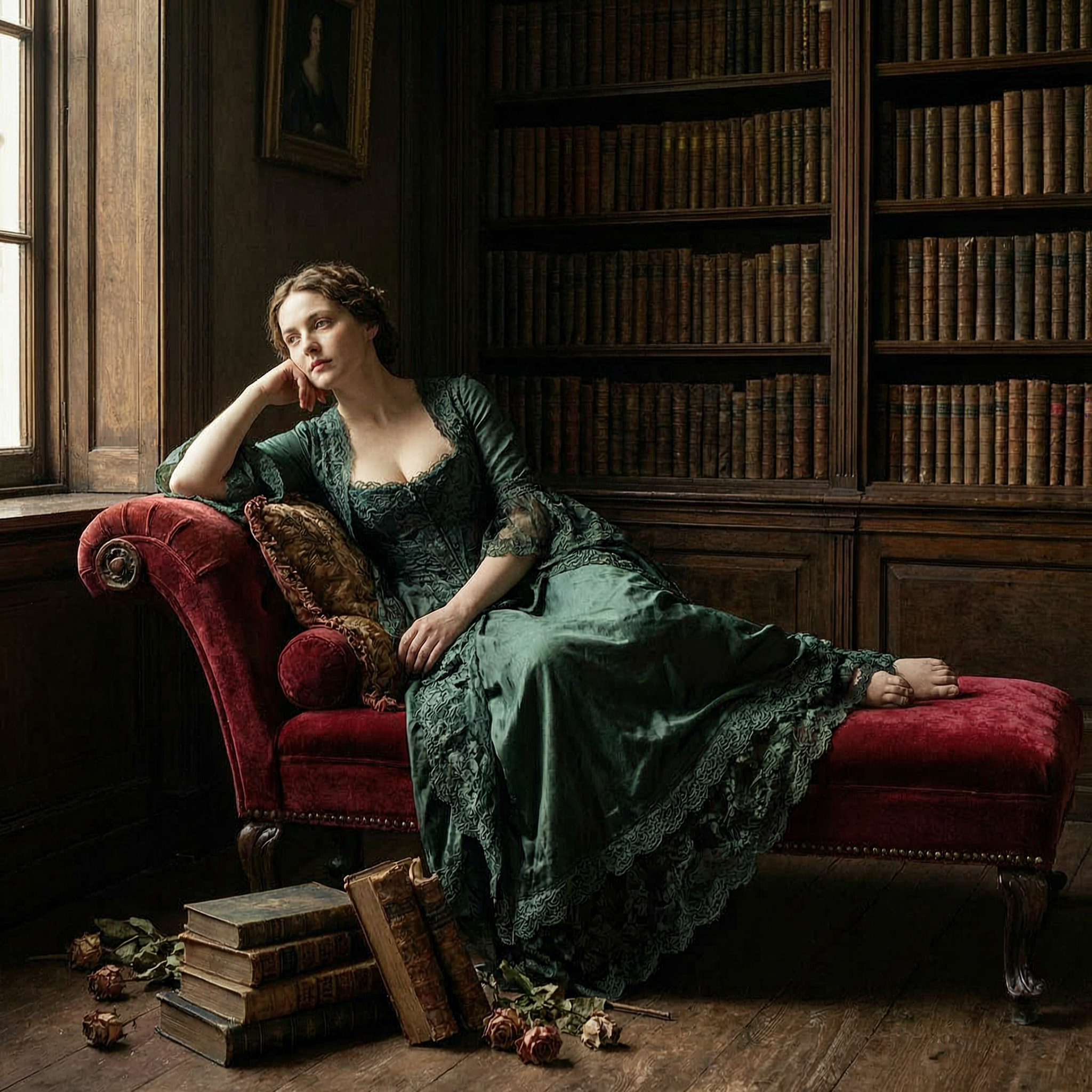 Classical beauty in baroque gown, Rembrandt light