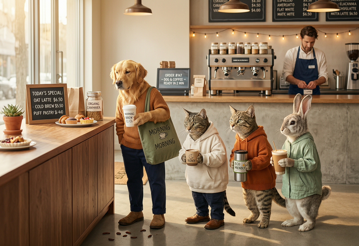 Animals standing in line to buy coffee